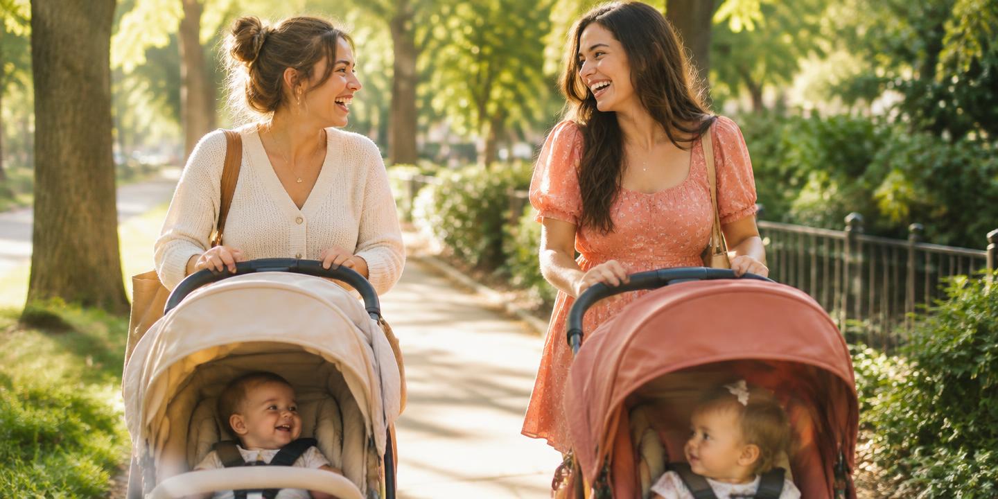 Two mothers laughing while walking side by side with their strollers on a sunny morning